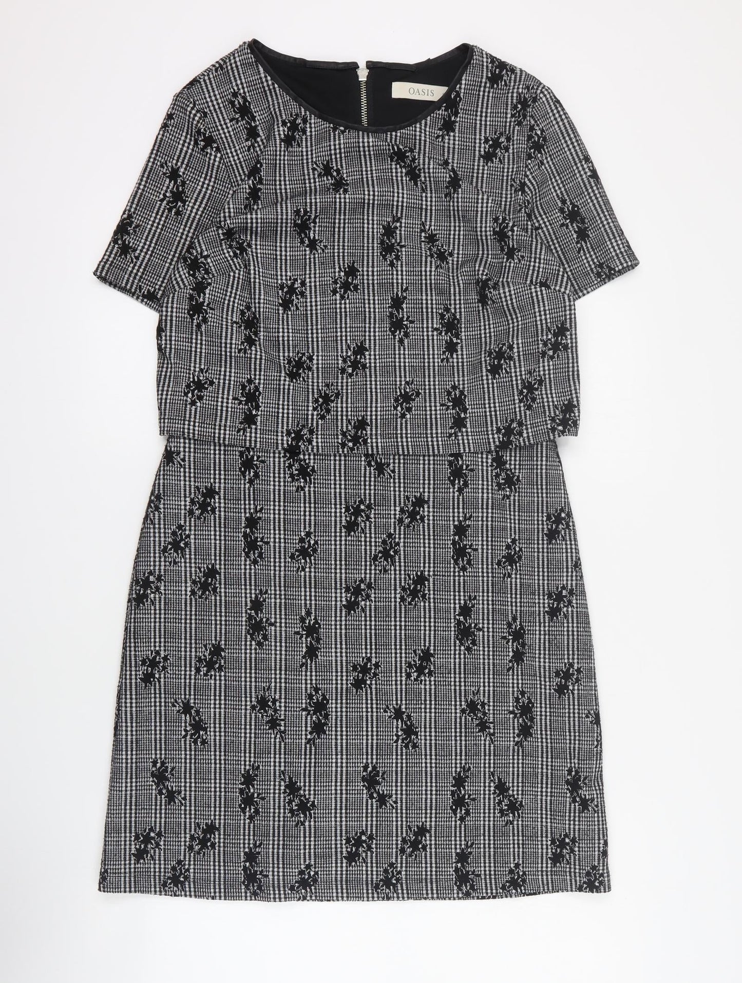 Oasis Womens Black Houndstooth Polyester A-Line  Size S  Round Neck Zip