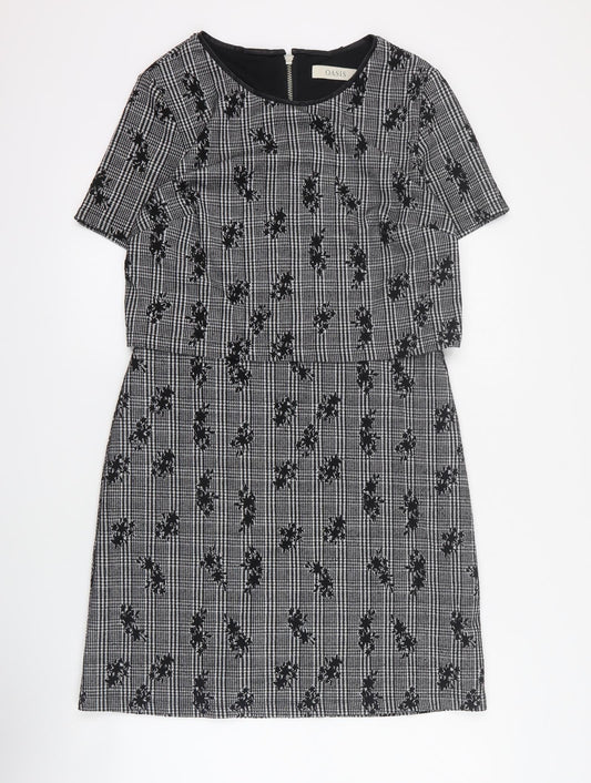 Oasis Womens Black Houndstooth Polyester A-Line  Size S  Round Neck Zip