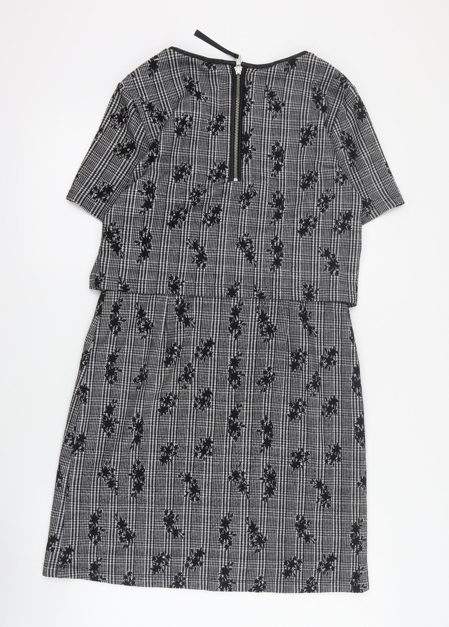 Oasis Womens Black Houndstooth Polyester A-Line  Size S  Round Neck Zip