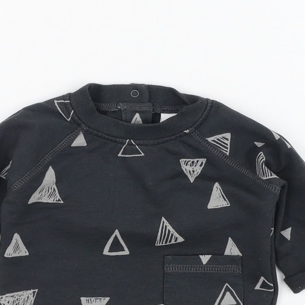 Close-up detail of Next boys’ grey cotton basic t-shirt, size 0-3, months round neck pullover - triangle