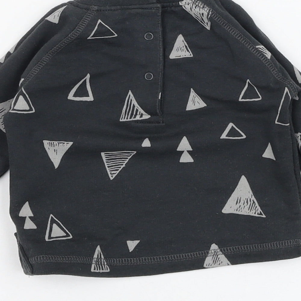 Brand and care label for Next boys’ grey cotton basic t-shirt, size 0-3, months round neck pullover - triangle