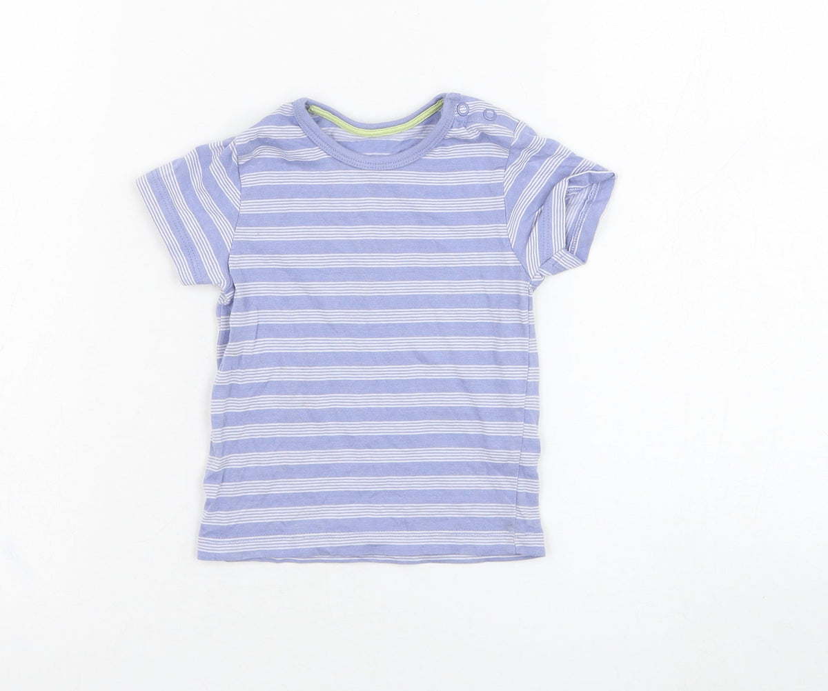 Additional front view of Matalan boys’ blue striped cotton basic t-shirt, size 3-6, months round neck pullover
