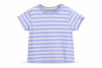 Front view of Matalan boys’ blue striped cotton basic t-shirt, size 3-6, months round neck pullover
