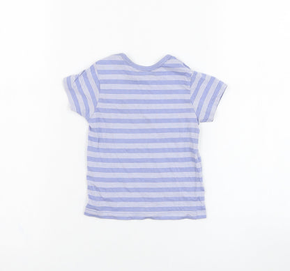 Back view of Matalan boys’ blue striped cotton basic t-shirt, size 3-6, months round neck pullover