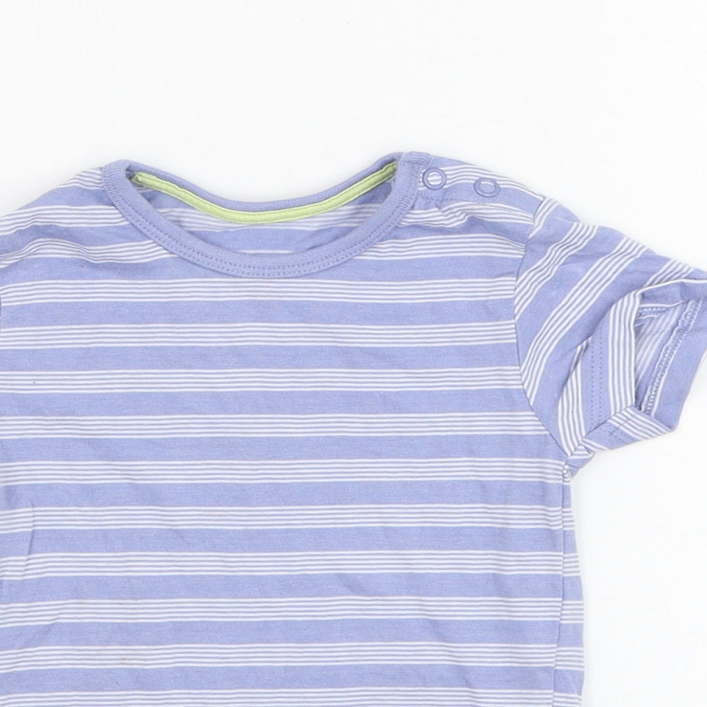 Close-up detail of Matalan boys’ blue striped cotton basic t-shirt, size 3-6, months round neck pullover