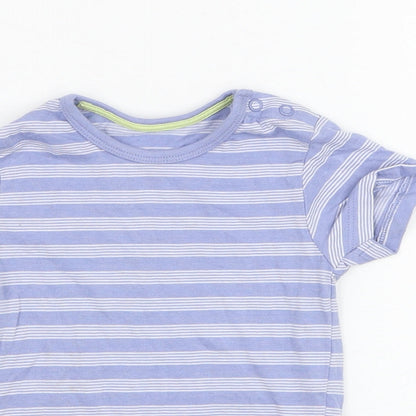Close-up detail of Matalan boys’ blue striped cotton basic t-shirt, size 3-6, months round neck pullover