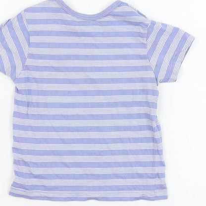 Brand and care label for Matalan boys’ blue striped cotton basic t-shirt, size 3-6, months round neck pullover