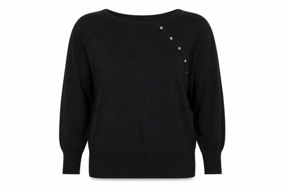 Front view of Jeanswest women’s black round neck rayon jumper, size S