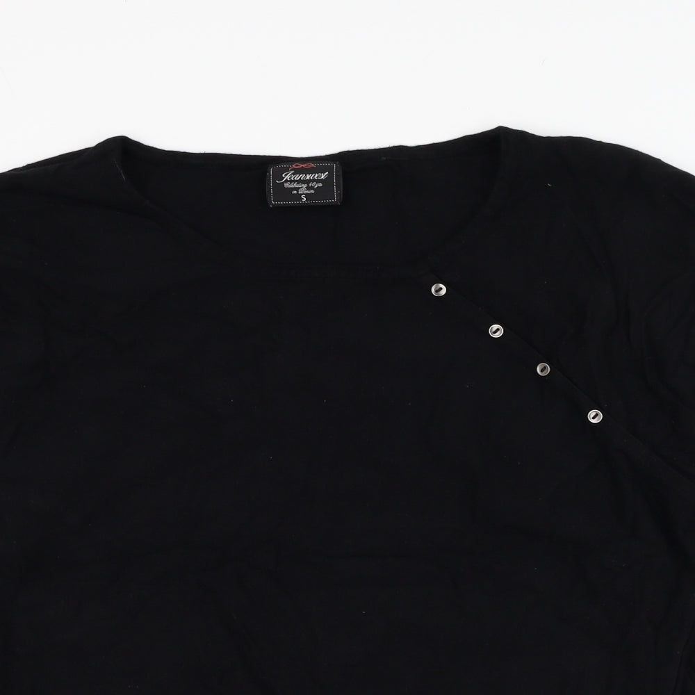 Close-up detail of Jeanswest women’s black round neck rayon jumper, size S