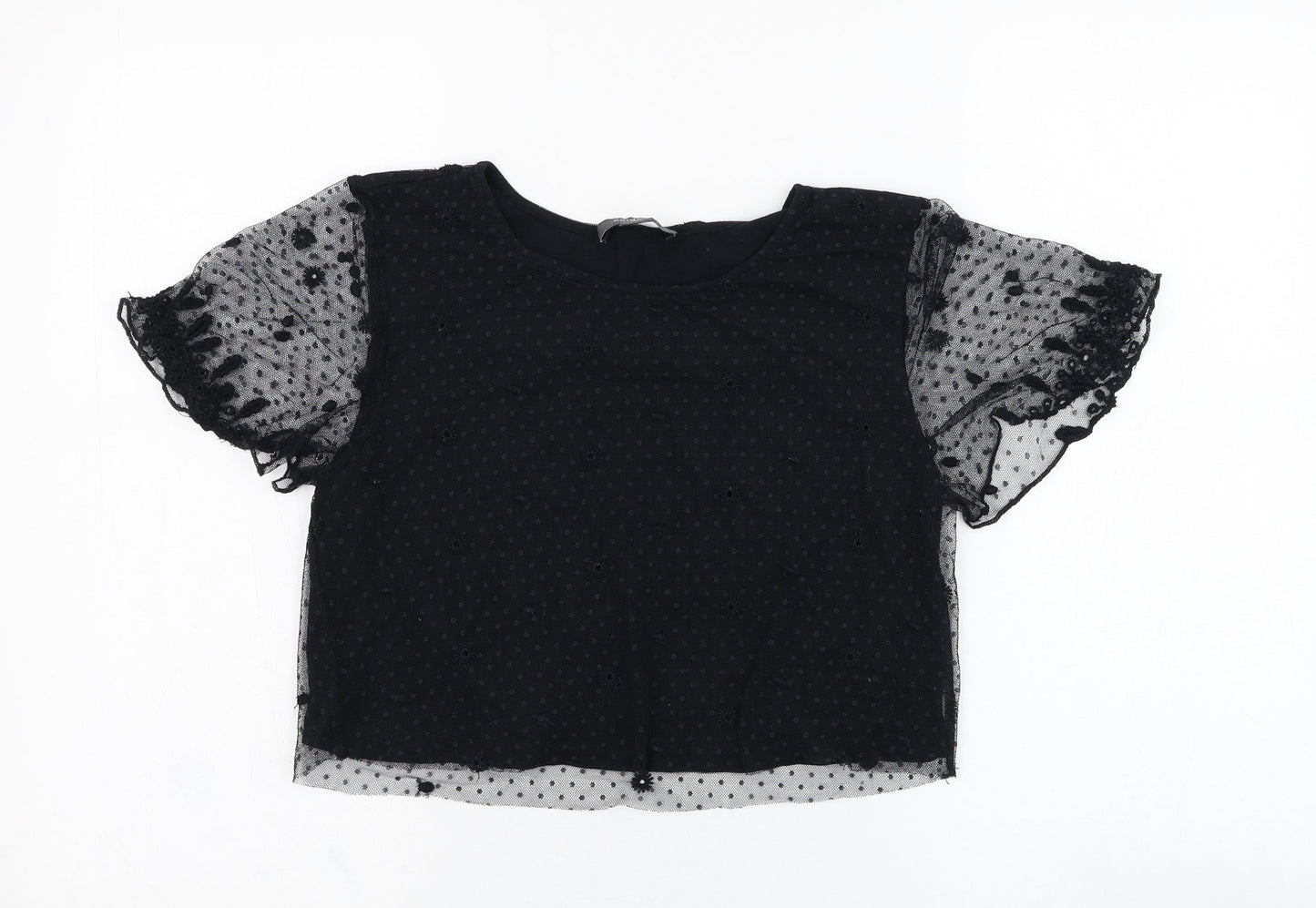 Primark Womens Black  Polyamide Cropped Blouse Size 6 Round Neck - Mesh