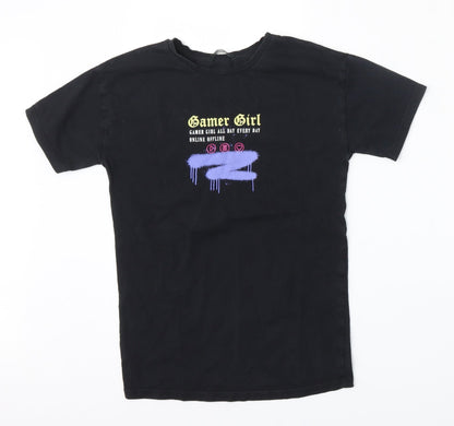 George Girls Black  Cotton Basic T-Shirt Size 6-7 Years Round Neck  - Girl Gamer