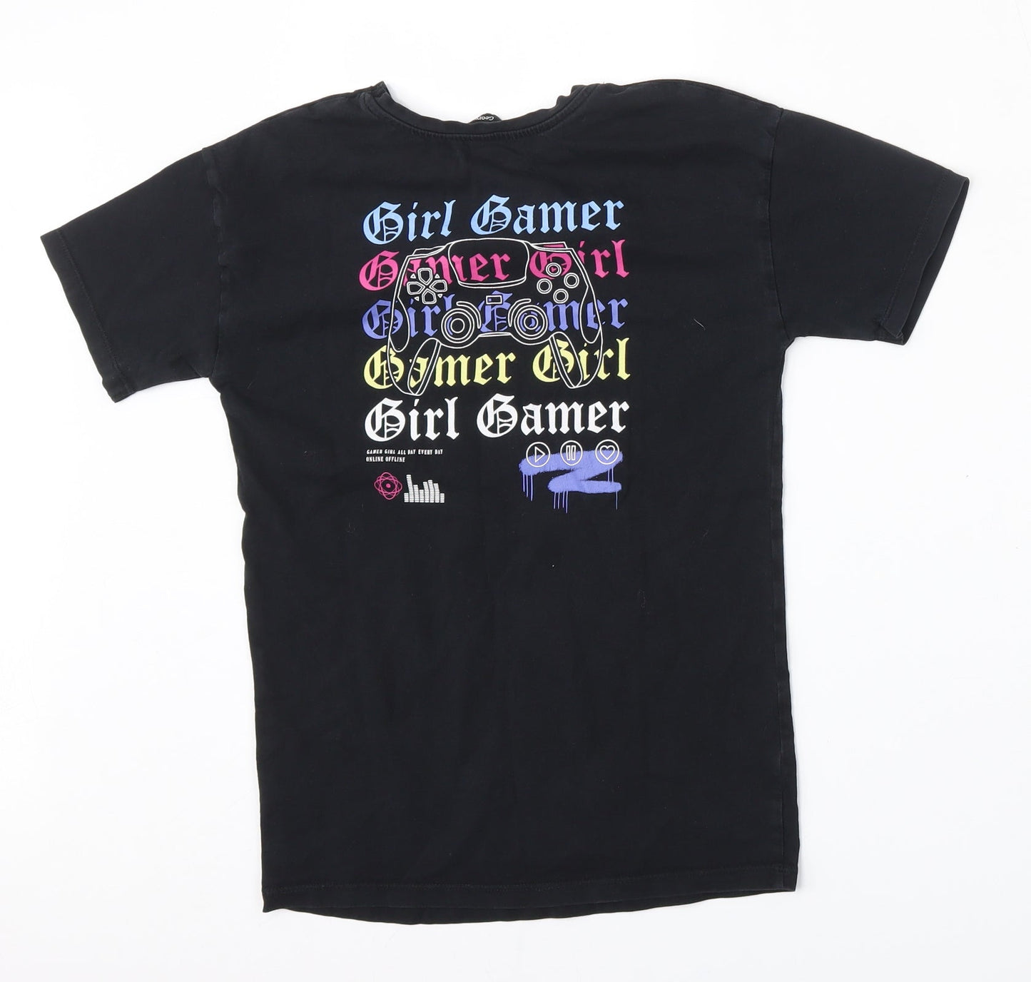 George Girls Black  Cotton Basic T-Shirt Size 6-7 Years Round Neck  - Girl Gamer
