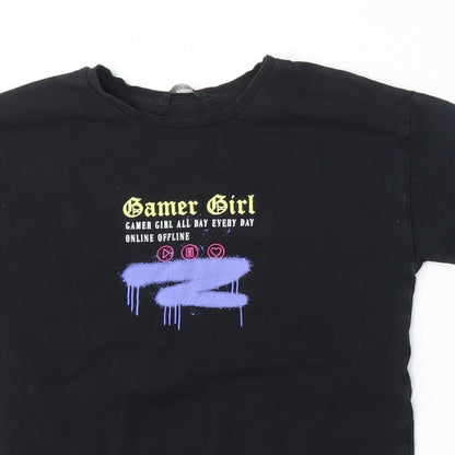 George Girls Black  Cotton Basic T-Shirt Size 6-7 Years Round Neck  - Girl Gamer