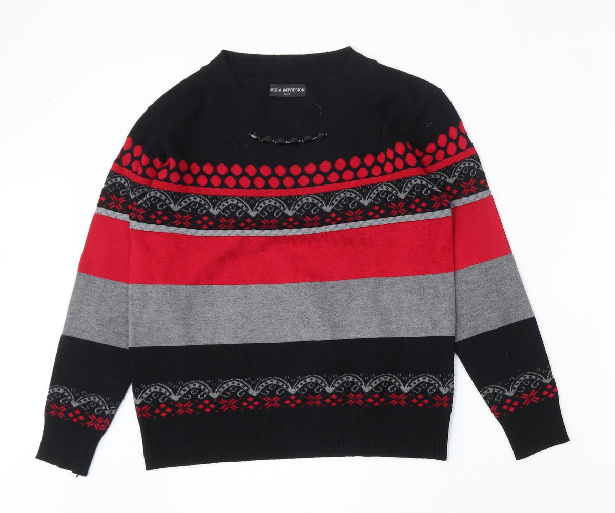 Additional front view of Moda Impression women’s multicoloured round neck geometric cotton jumper, size M