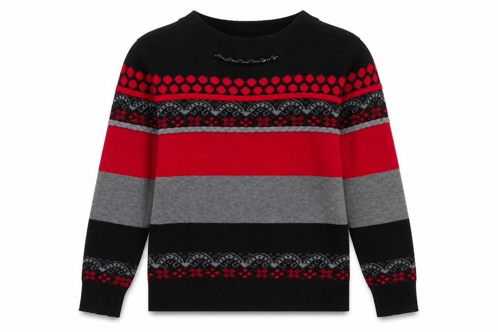 Front view of Moda Impression women’s multicoloured round neck geometric cotton jumper, size M