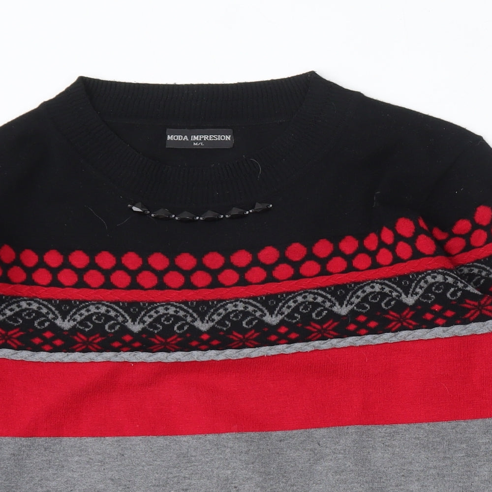 Close-up detail of Moda Impression women’s multicoloured round neck geometric cotton jumper, size M