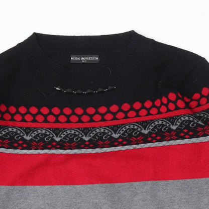 Close-up detail of Moda Impression women’s multicoloured round neck geometric cotton jumper, size M
