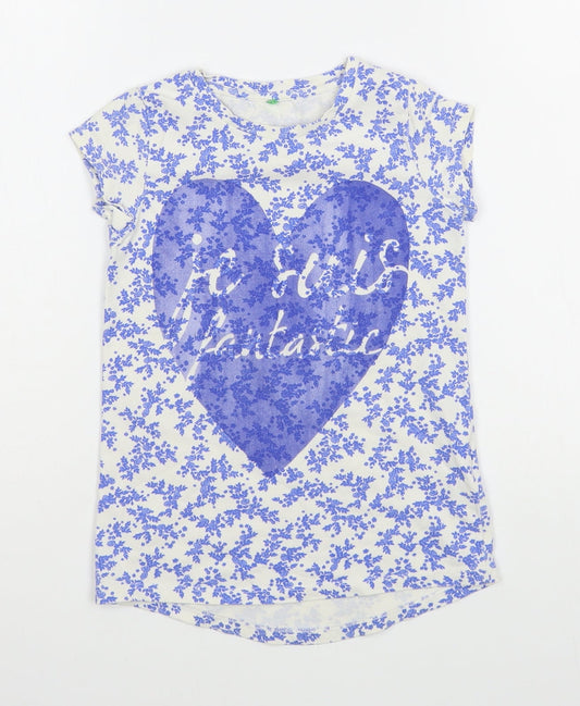 Benneton Girls Blue Floral Cotton Basic T-Shirt Size 4-5 Years Round Neck Pullover