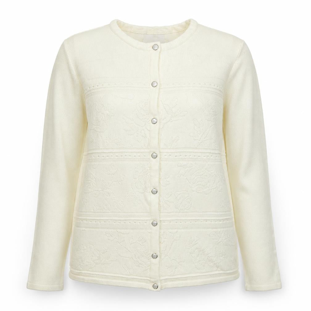 Front view of Preworn women’s ivory round neck acrylic cardigan jumper, size M
