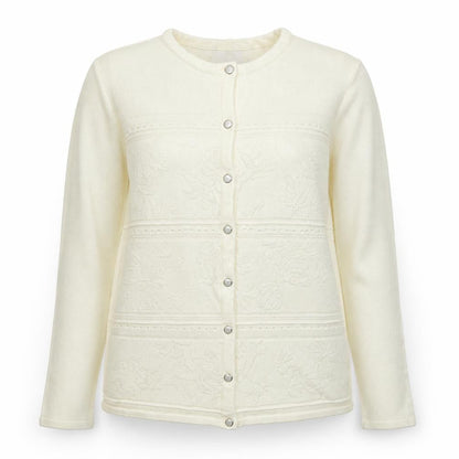 Front view of Preworn women’s ivory round neck acrylic cardigan jumper, size M