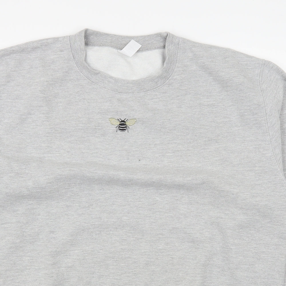 Close-up detail of women’s grey cotton pullover sweatshirt, size L, pullover