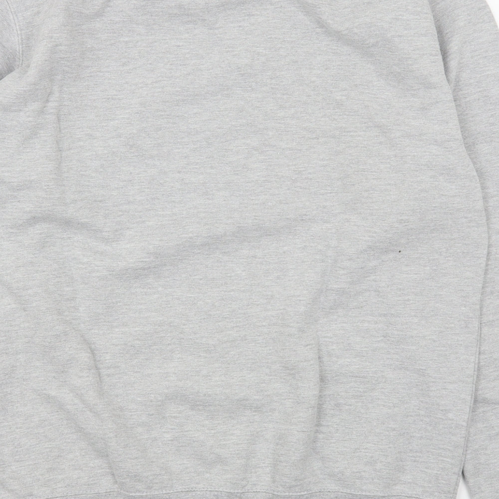 Brand and care label for women’s grey cotton pullover sweatshirt, size L, pullover