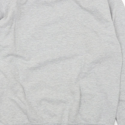Brand and care label for women’s grey cotton pullover sweatshirt, size L, pullover