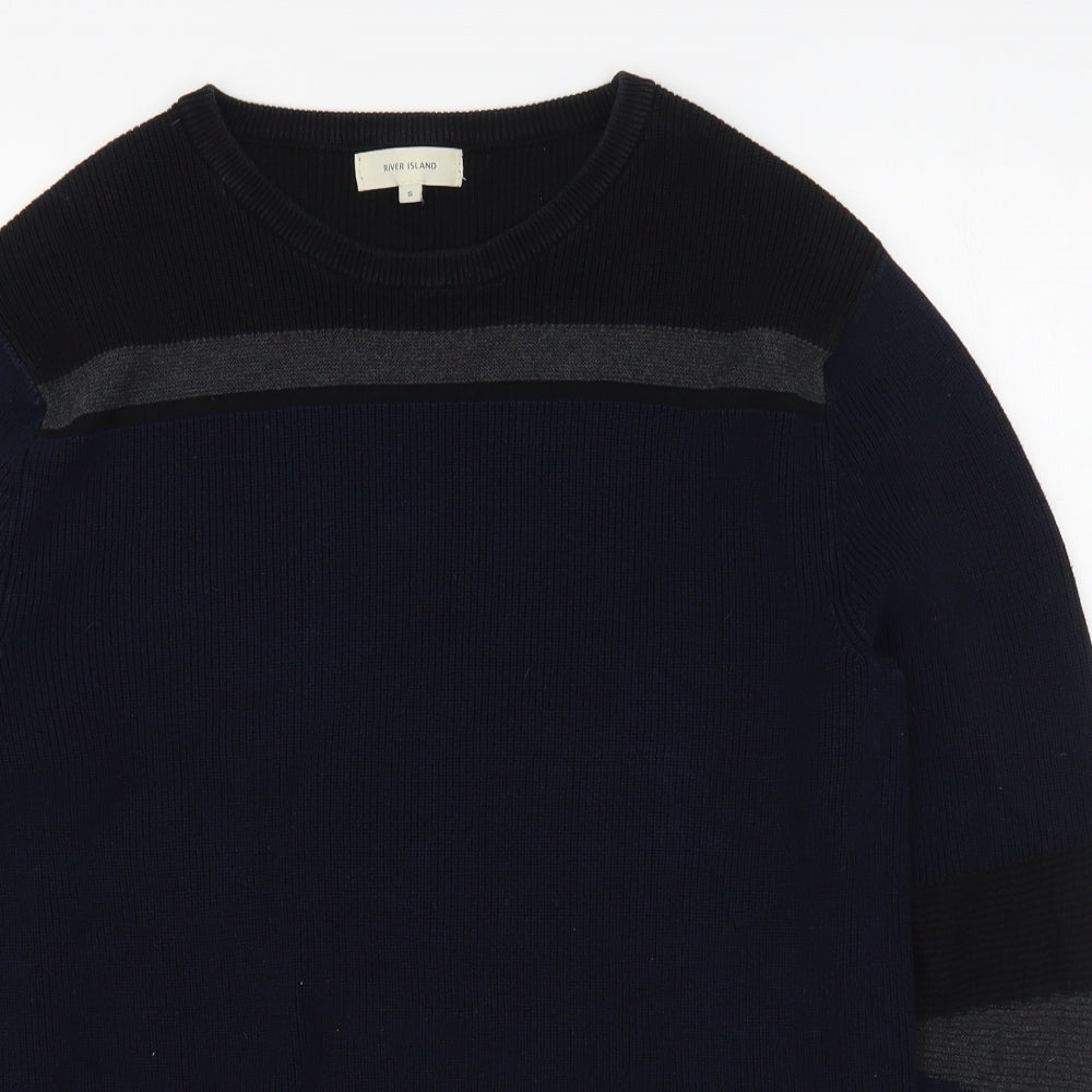 River Island Mens Blue Round Neck  Cotton Pullover Jumper Size S