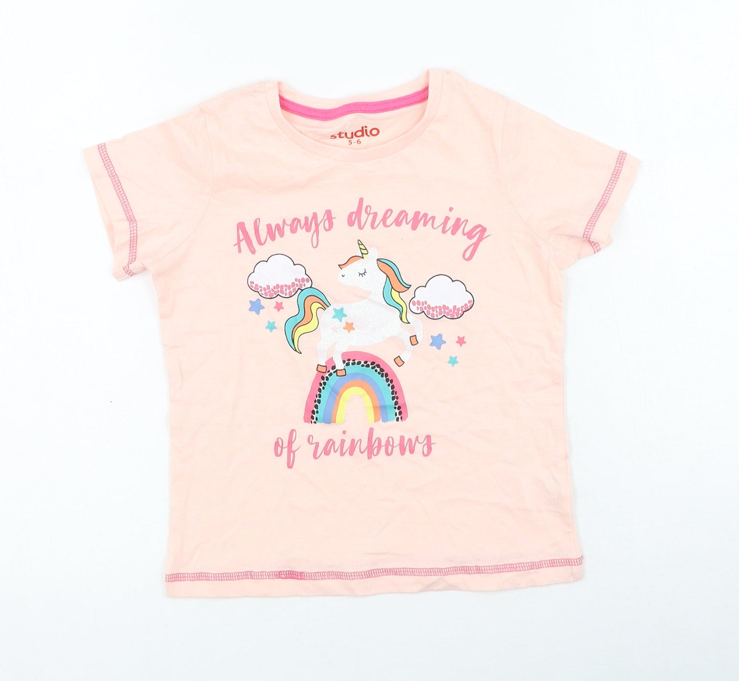 Studio Girls Pink  Cotton Basic T-Shirt Size 5-6 Years Round Neck  - Unicorn