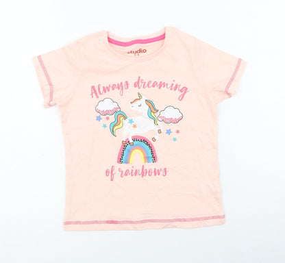 Studio Girls Pink  Cotton Basic T-Shirt Size 5-6 Years Round Neck  - Unicorn