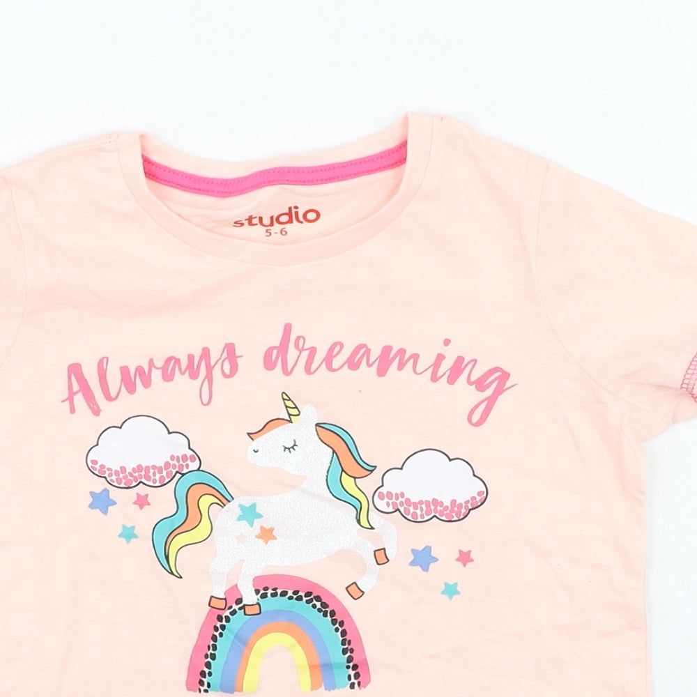 Studio Girls Pink  Cotton Basic T-Shirt Size 5-6 Years Round Neck  - Unicorn