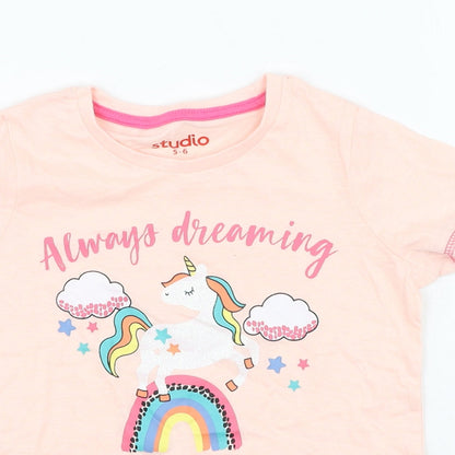 Studio Girls Pink  Cotton Basic T-Shirt Size 5-6 Years Round Neck  - Unicorn