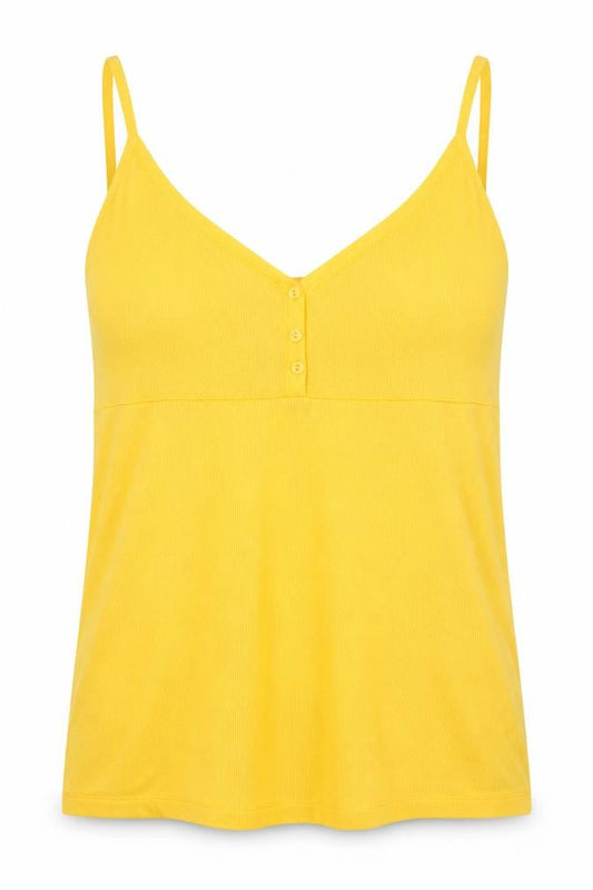 Front view of Vera Moda women’s yellow acrylic basic tank, size L, round neck