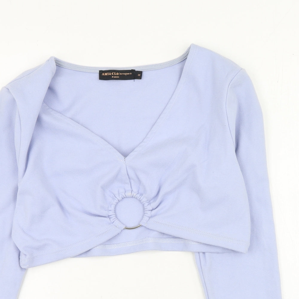 Amy & Clo  Womens Purple  Cotton Cropped Blouse Size M Round Neck