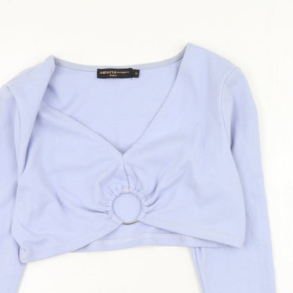 Amy & Clo  Womens Purple  Cotton Cropped Blouse Size M Round Neck