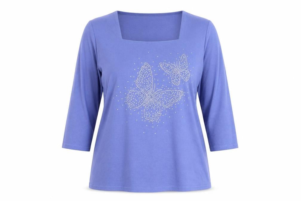 Front view of Love Leisure women’s purple square neck polyester jumper, size UK 16, - butterflies