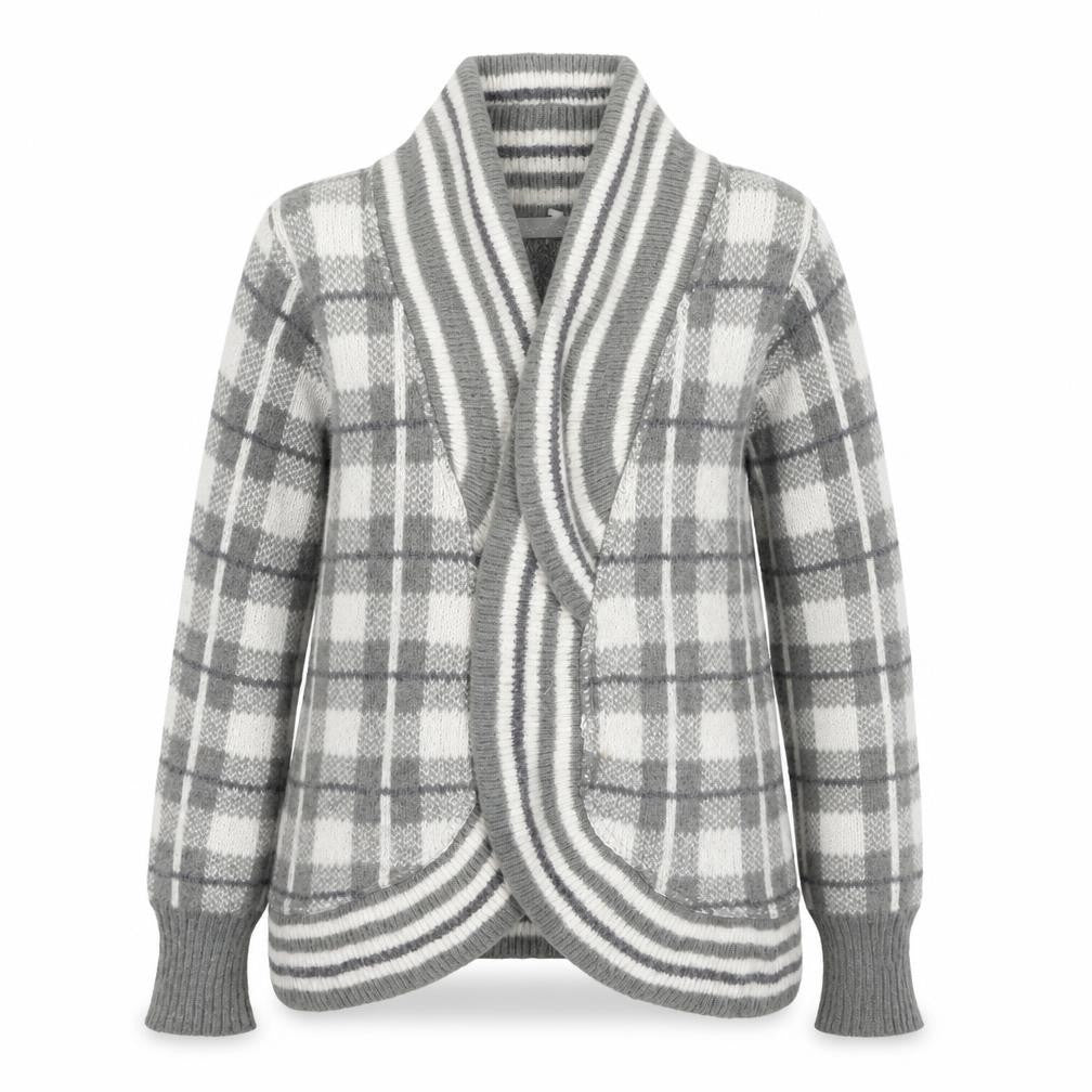 Front view of Per Una women’s green v-neck plaid acrylic cardigan jumper, size S