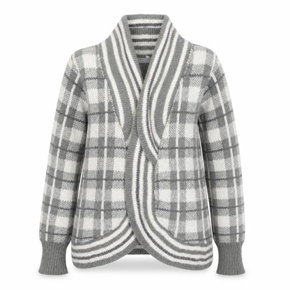 Front view of Per Una women’s green v-neck plaid acrylic cardigan jumper, size S
