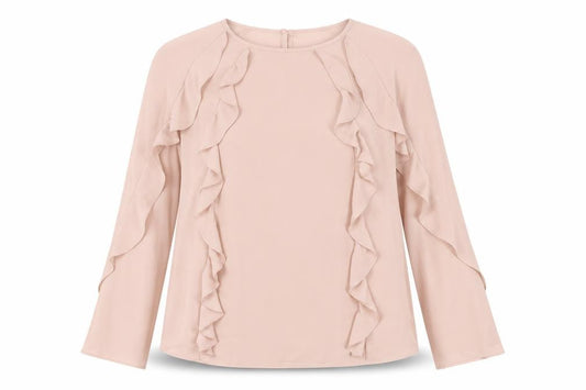 Front view of Atmosphere women’s pink polyester basic blouse, size UK 10, crew neck