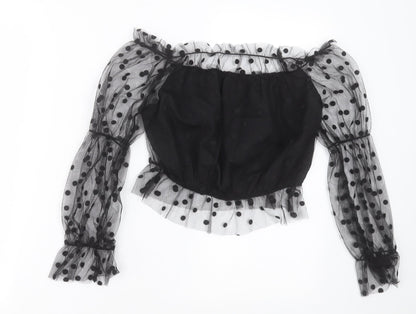 SheIn Womens Black Polka Dot Polyester Cropped Blouse Size S Boat Neck