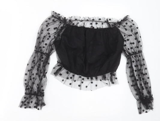 SheIn Womens Black Polka Dot Polyester Cropped Blouse Size S Boat Neck