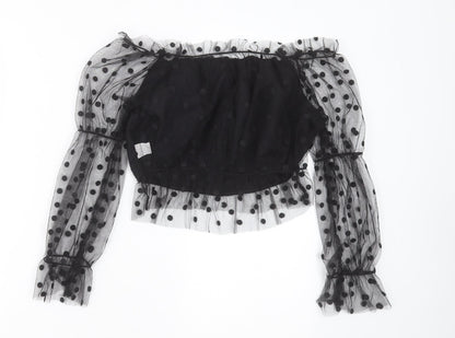 SheIn Womens Black Polka Dot Polyester Cropped Blouse Size S Boat Neck