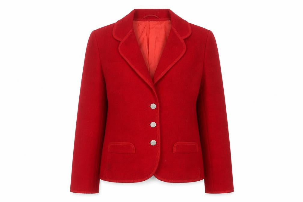 Front view of walkloden women’s red jacket, size UK 8, button