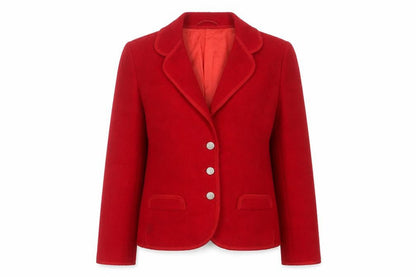 Front view of walkloden women’s red jacket, size UK 8, button