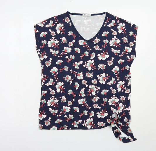Damart Womens Blue Floral Cotton Basic T-Shirt Size 10 V-Neck