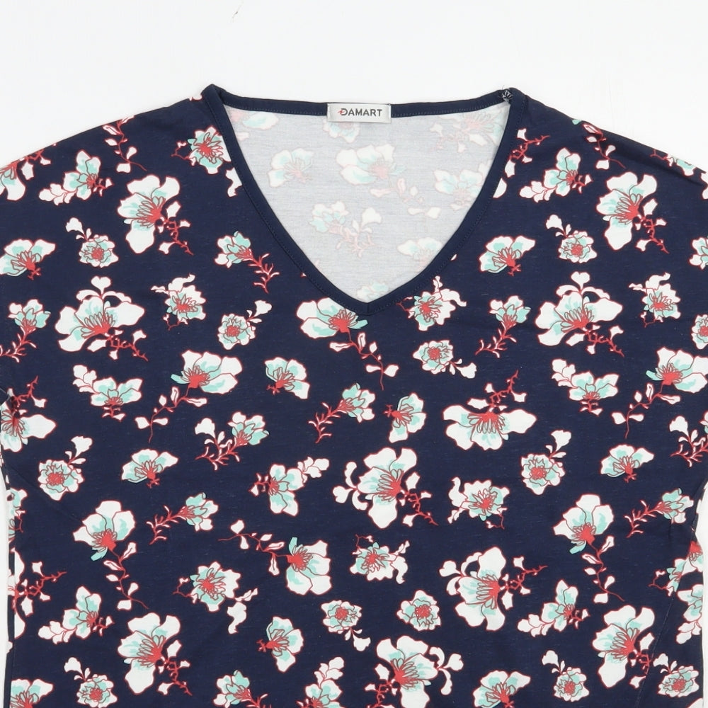 Damart Womens Blue Floral Cotton Basic T-Shirt Size 10 V-Neck