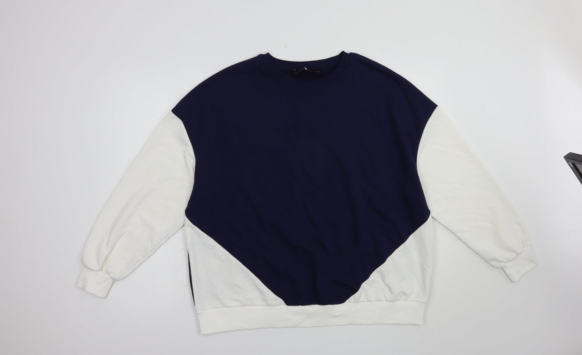 Front view of Very women’s blue colourblock cotton pullover sweatshirt, size UK 14, pullover