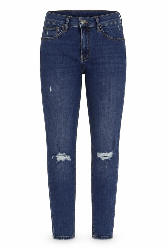 Front view of Topshop women’s blue cotton skinny jeans, size UK 28, in, 32-inch leg regular button