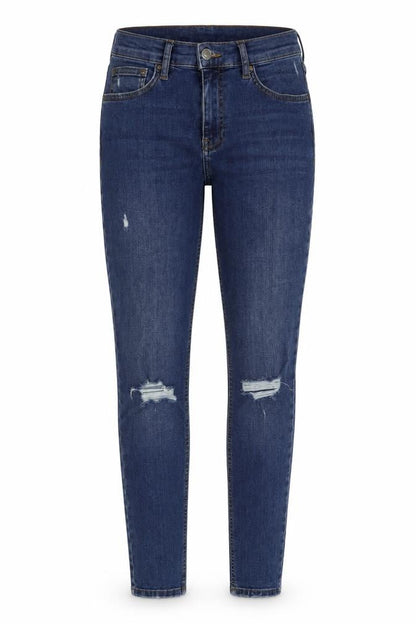 Front view of Topshop women’s blue cotton skinny jeans, size UK 28, in, 32-inch leg regular button