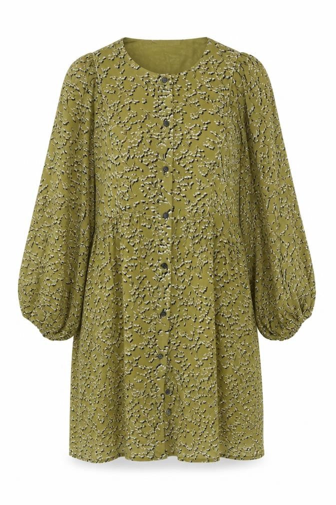 Front view of Soft Rebels women’s green floral polyester shift, size S, crew neck button